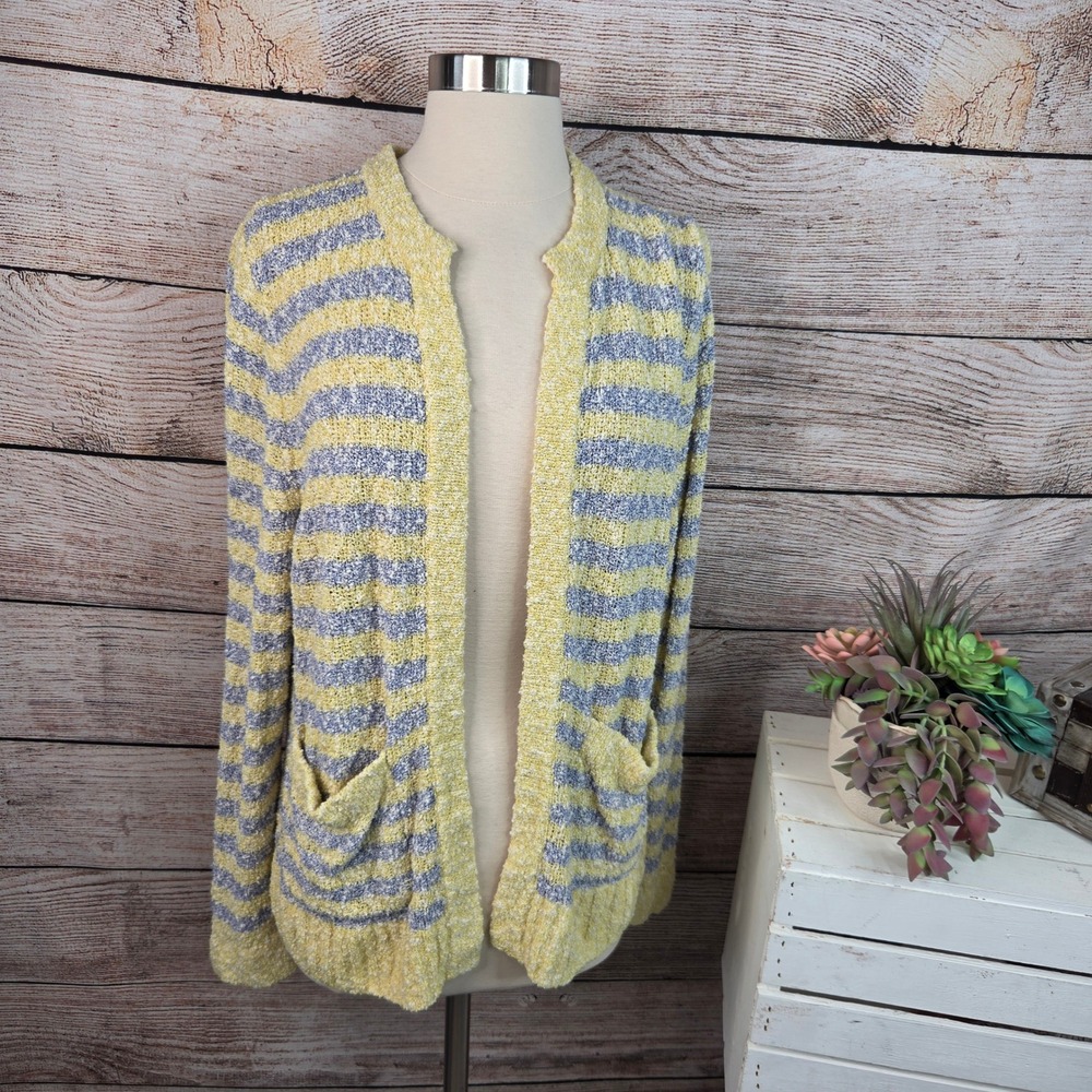 J. Crew Womens XL Yellow Blue Striped Boucle Open Front Cardigan Relaxed Fit